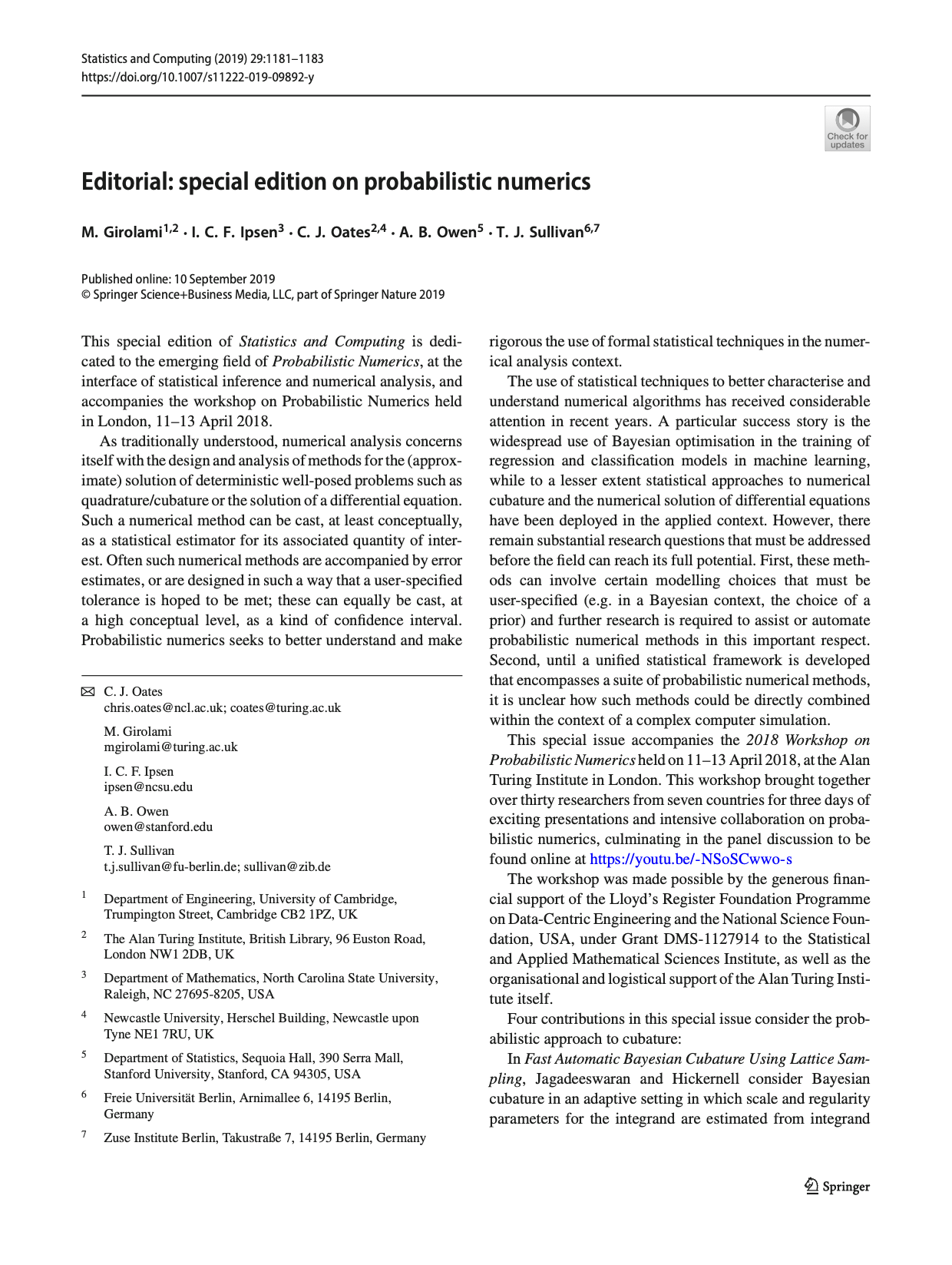 Editorial: Special edition on probabilistic numerics