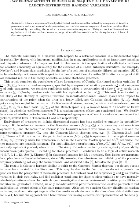 Cameron-Martin theorems for Cauchy-distributed random sequences