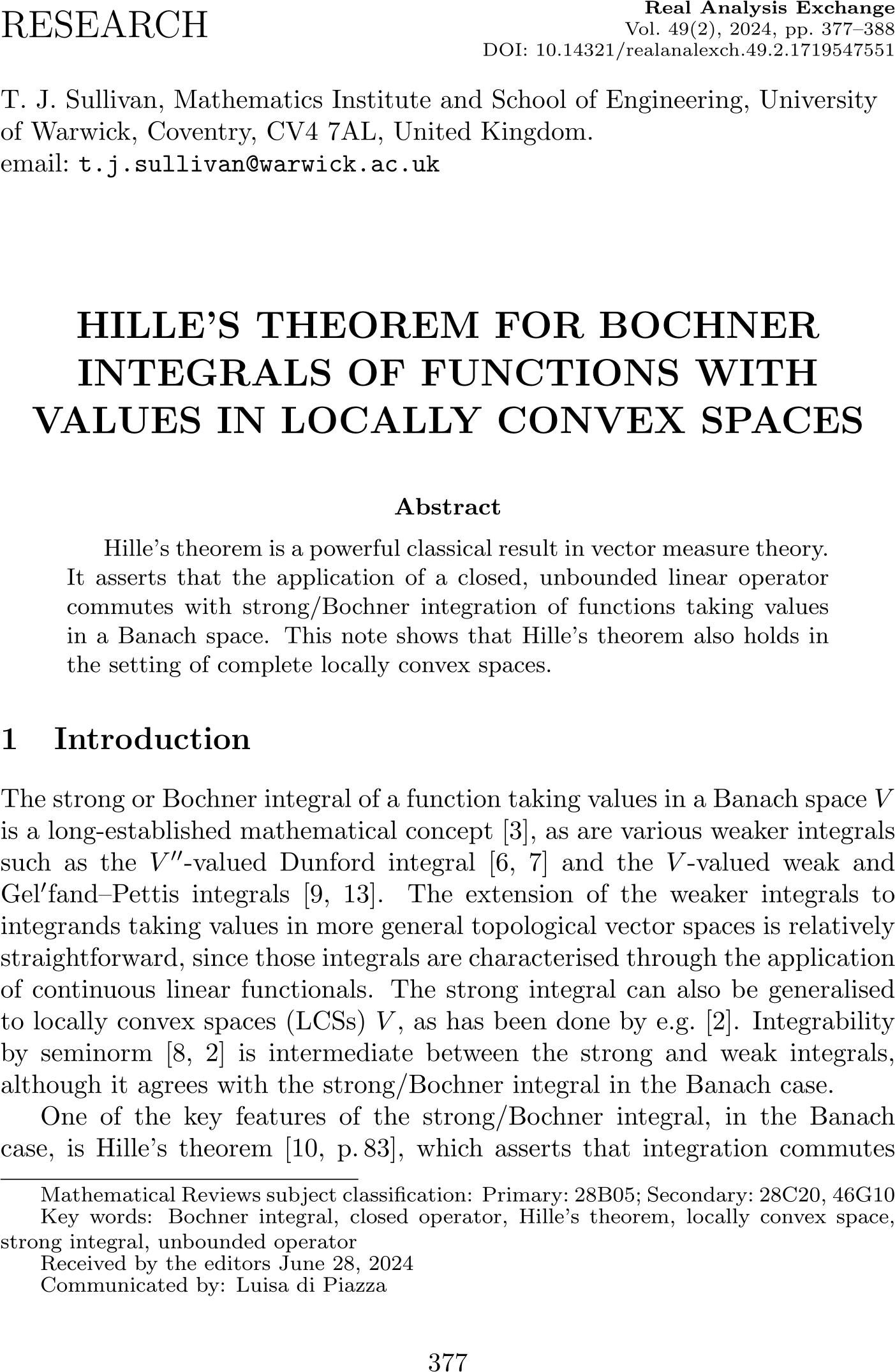 Hille's theorem for Bochner integrals of functions with values in locally convex spaces