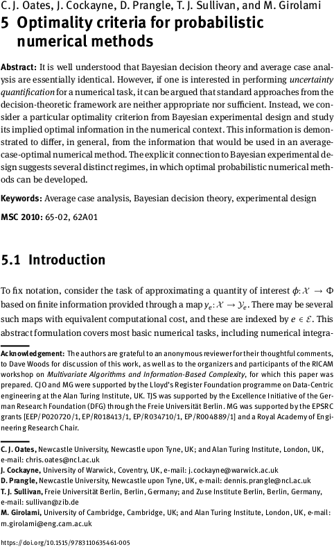 Optimality criteria for probabilistic numerical methods